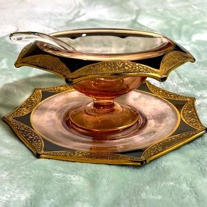 Vintage Tiffin Franciscan Pink Black Gold Gilted Compote Serving Set, 3 piece